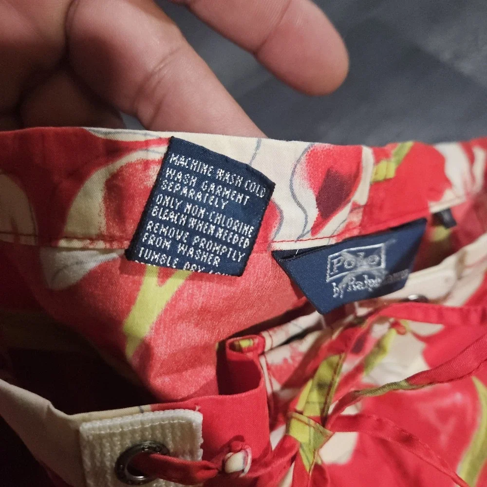VTG Polo Ralph Lauren Cargo Board Shorts Men M Orange Floral Beach Hawaiian Surf